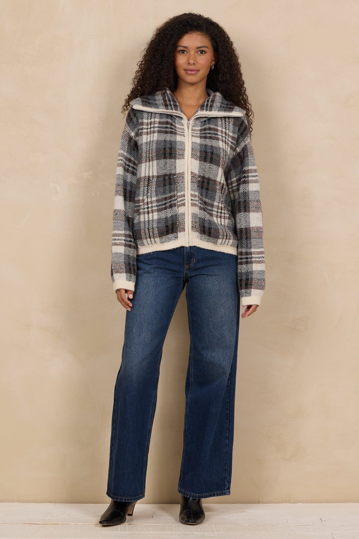 Jaquard Knit Zip Up Sweater