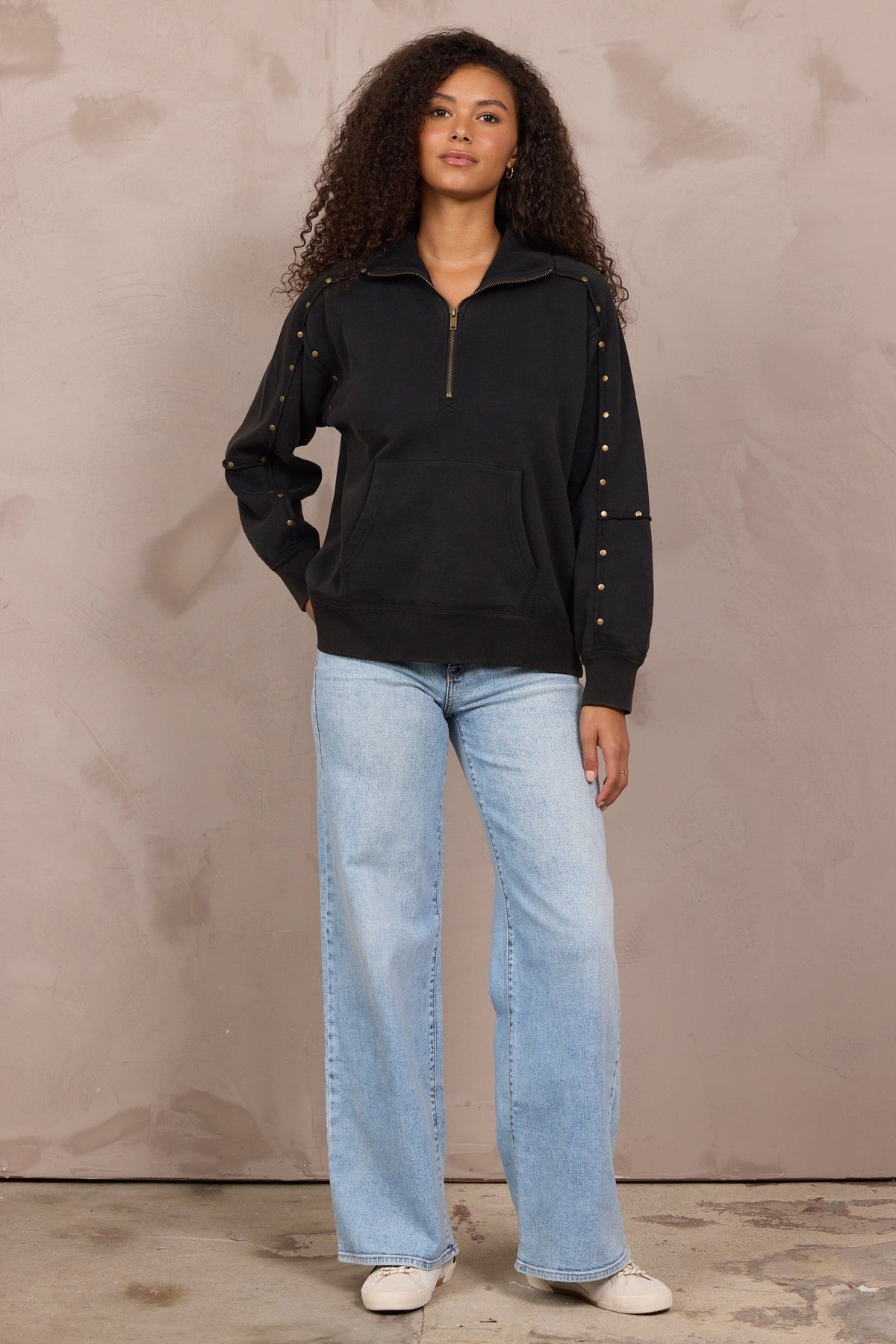 Washed Garment Dye Studded Quarter Zip