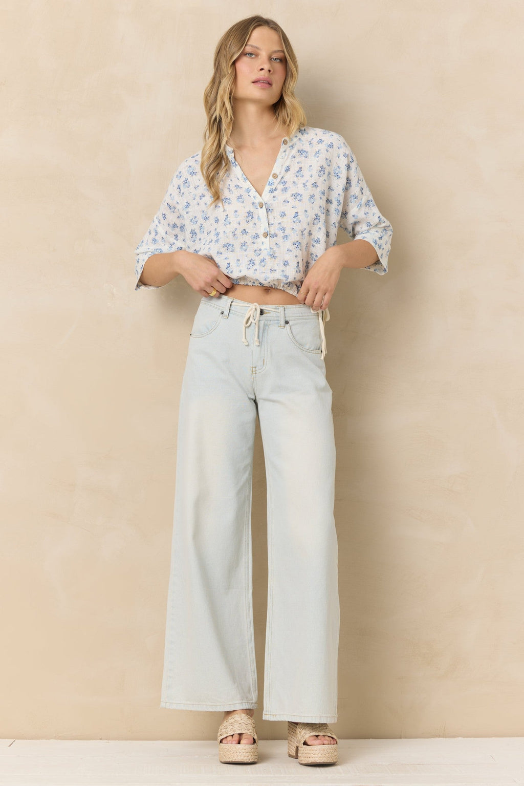 Button Front Short Sleeve Top - Blue Ditsy Floral