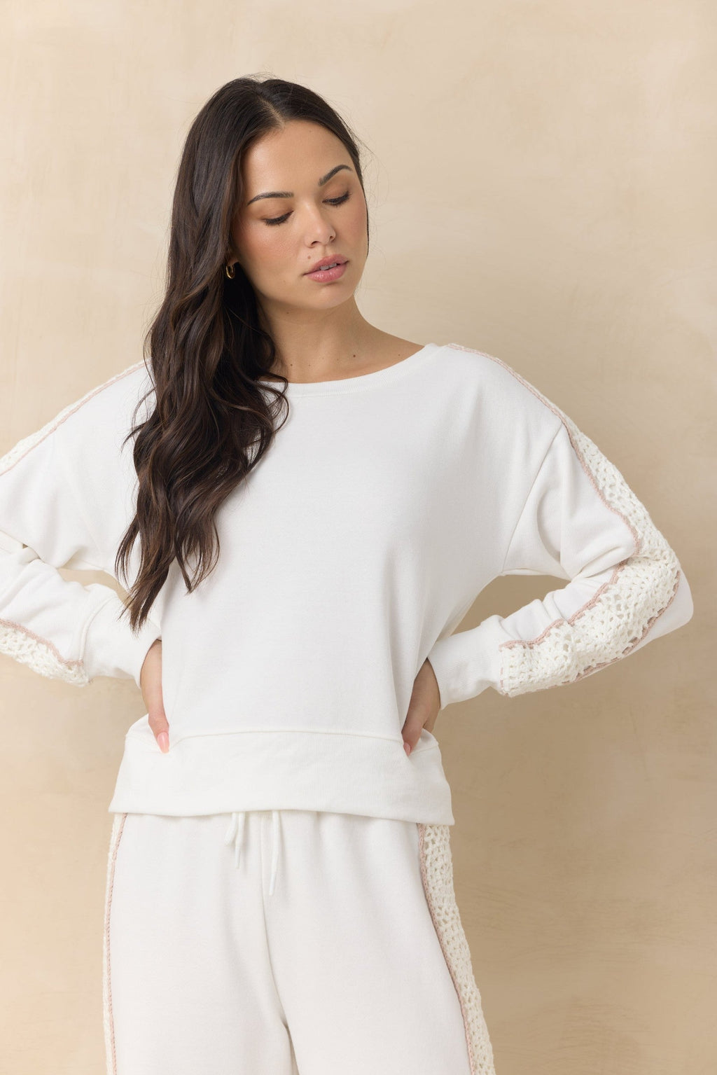 French Terry Crew Sweatshirt with Square Crochet Insert