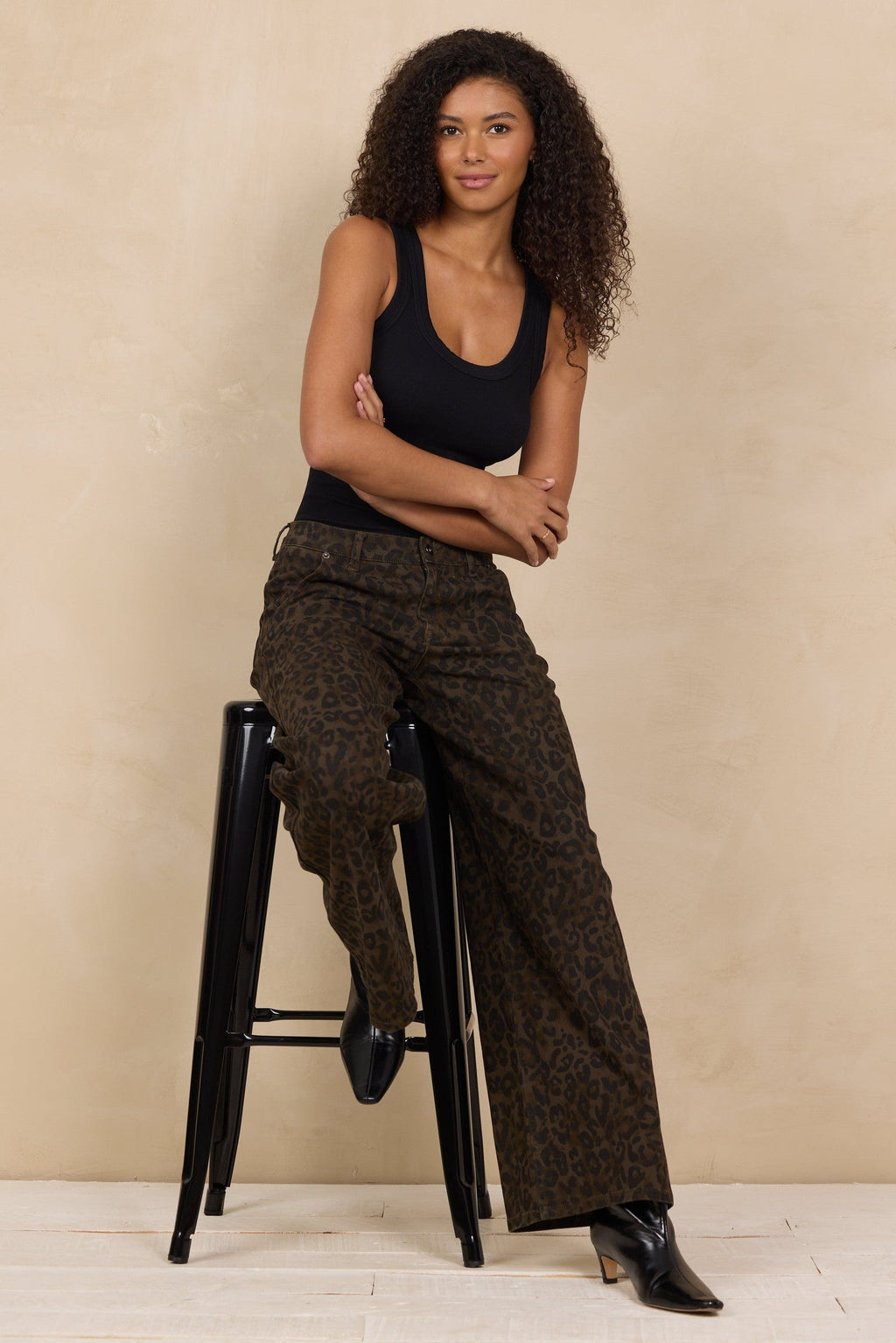 Stretch Denim Print Wide Leg Pant
