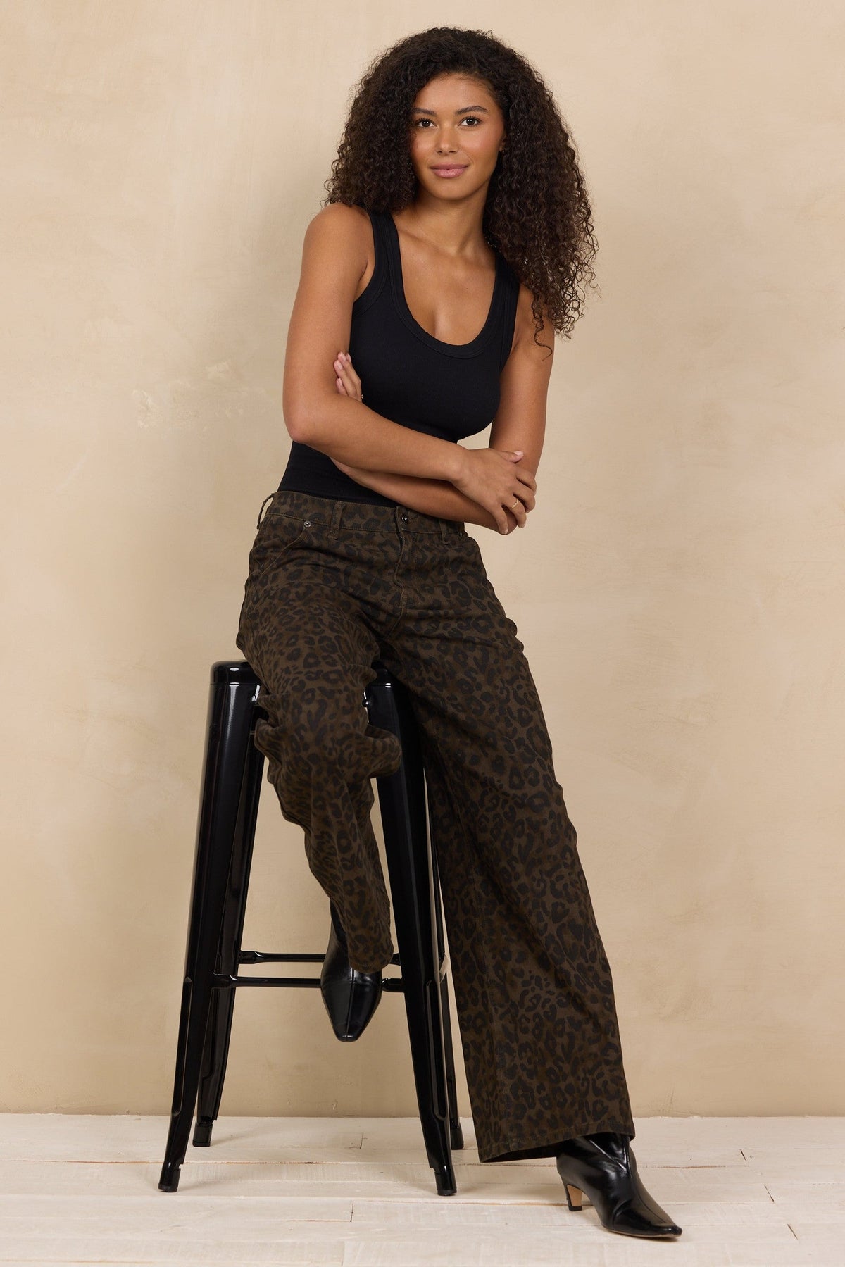 Stretch Denim Print Wide Leg Pant