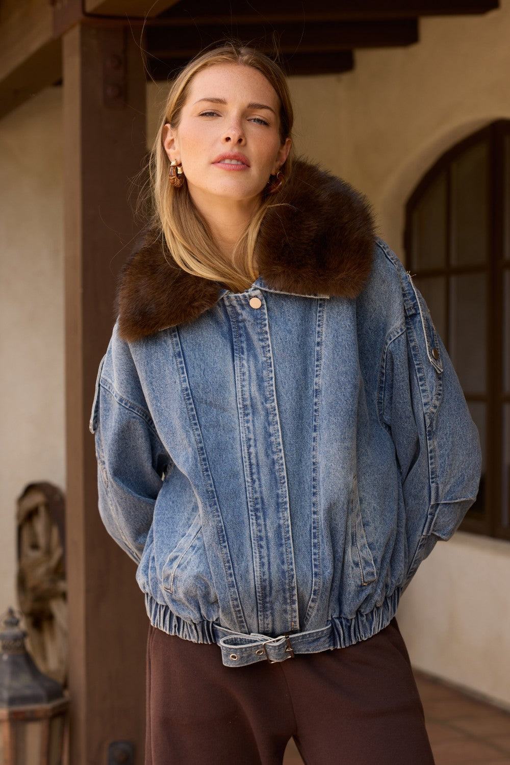 Denim Jacket with Removable Fur Collar