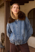 Denim Jacket with Removable Fur Collar