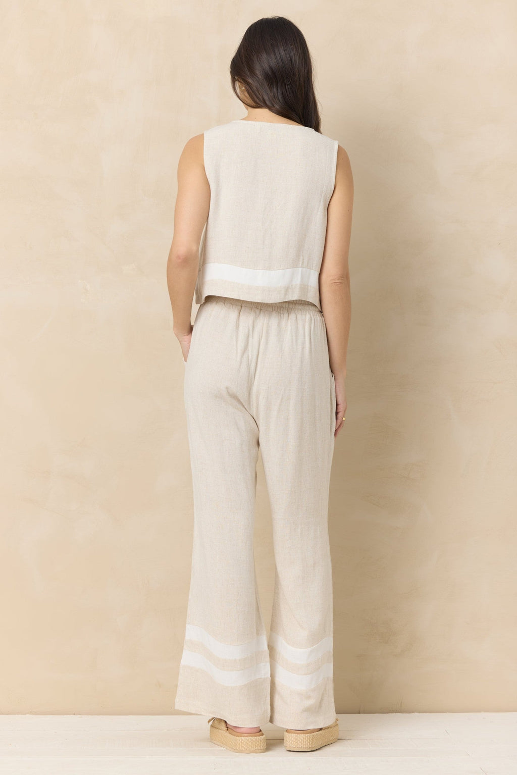 Linen Blend Tie Front Top with Contrast Stripe