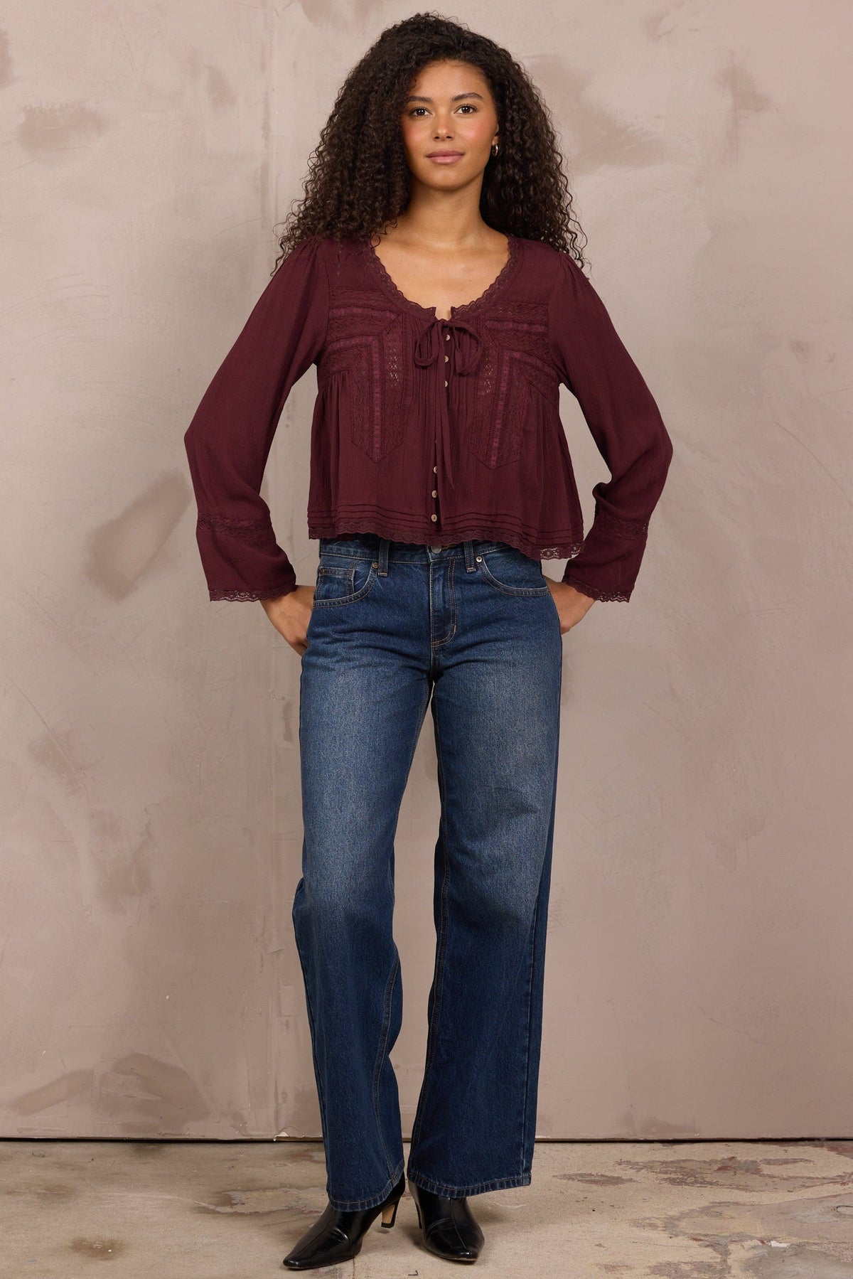 Wine Long Sleeve Blouse w/ Lace Detail
