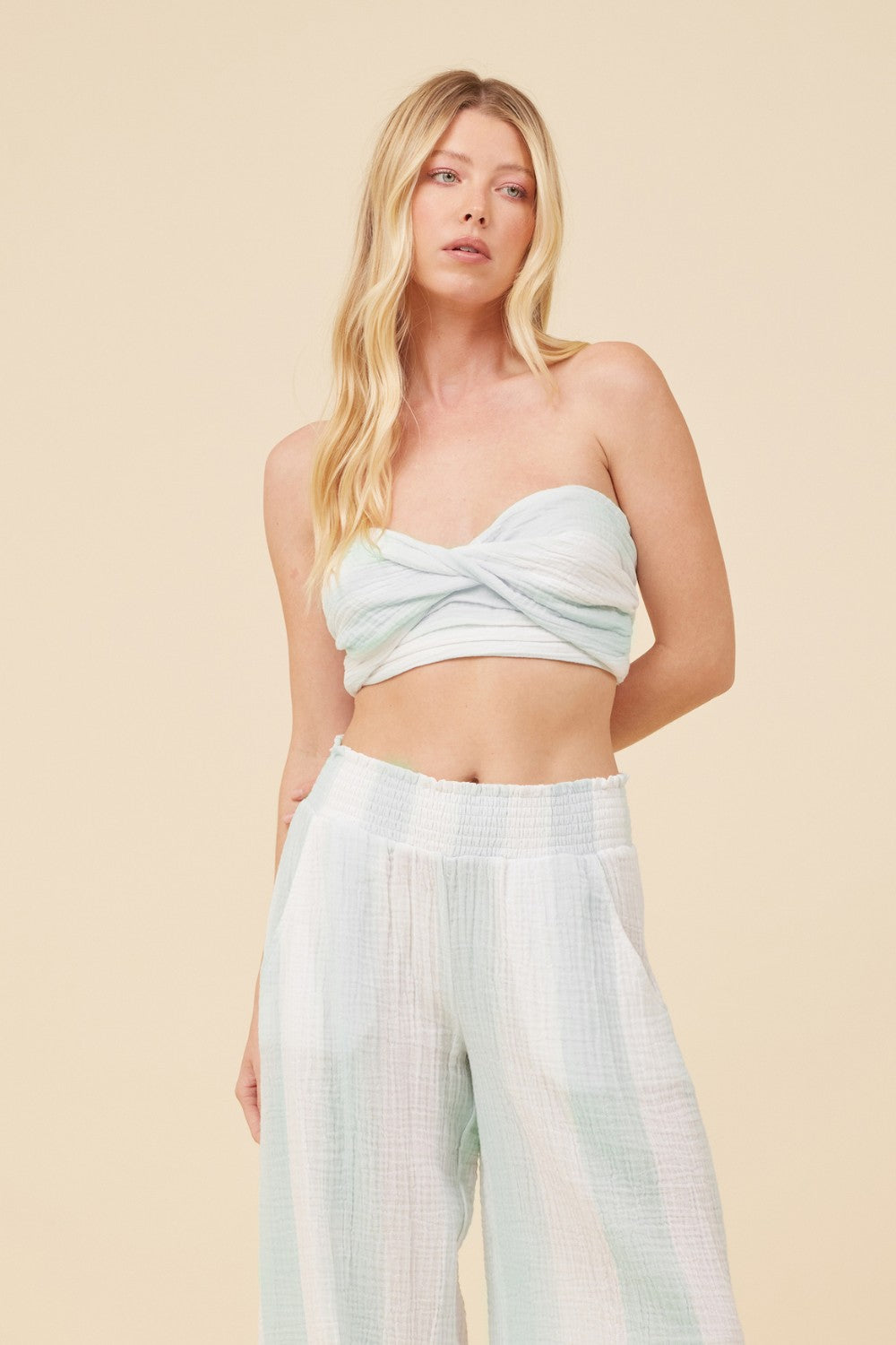 Mint & White Cabana Stripe Gauze Bandeau Crop Top